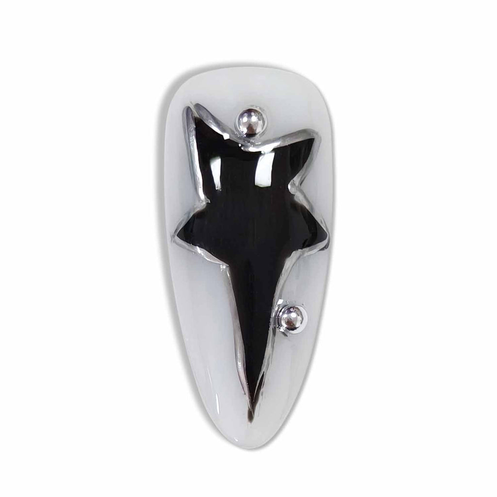 Hantyer Black Press on Nails with Hand-Painted Stars, Rose Charms & Silver Decor, Long Almond Glossy Gothic Fake Nails, Reusable Dark Romantic False Nails for Women Goth Party Halloween