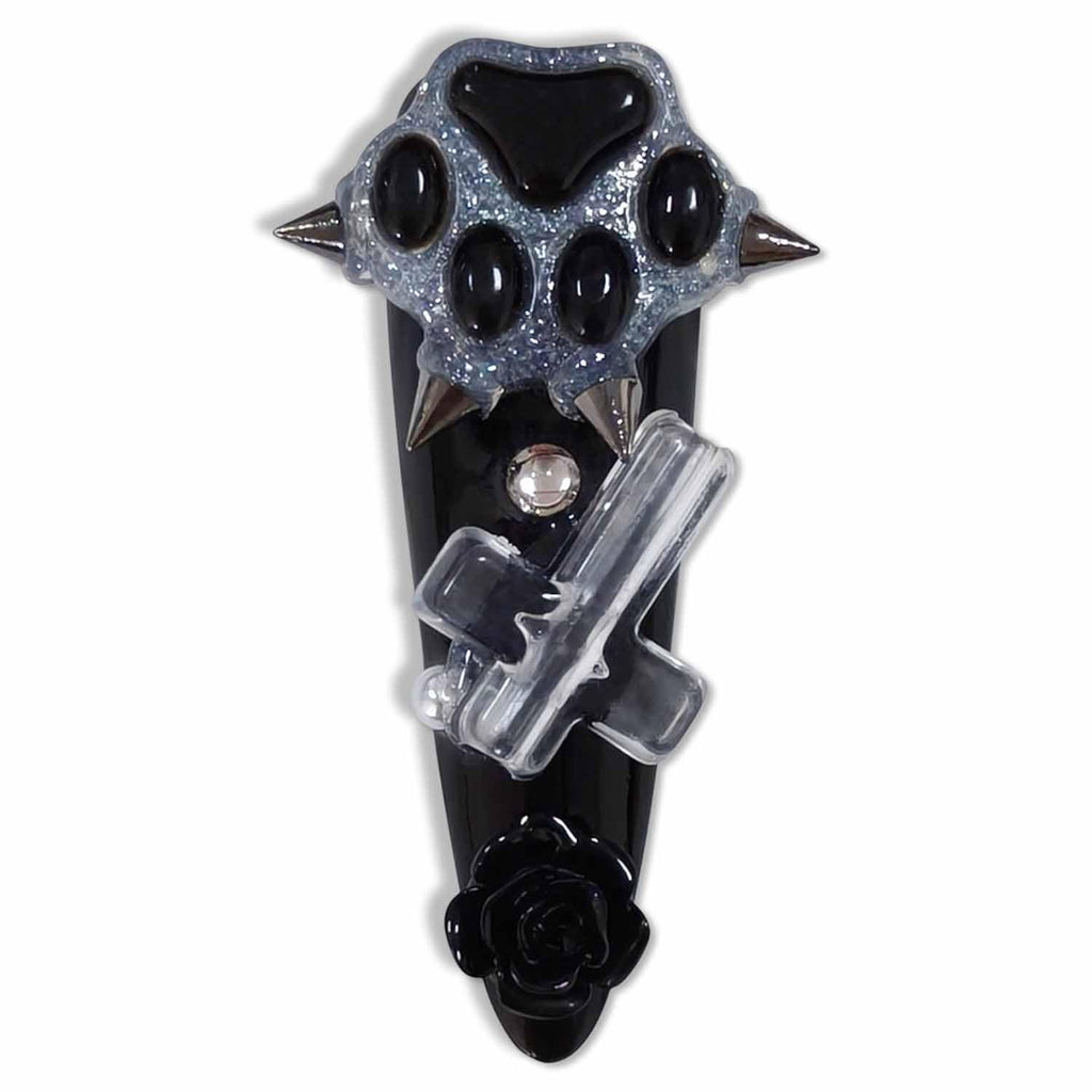 Hantyer 10pcs Black Press on Nails with Dog Paw Print, Cross Charms & Silver Decor, Long Stiletto Glossy Gothic Fake Nails, Reusable Dark Edgy False Nails for Women Goth Party Halloween