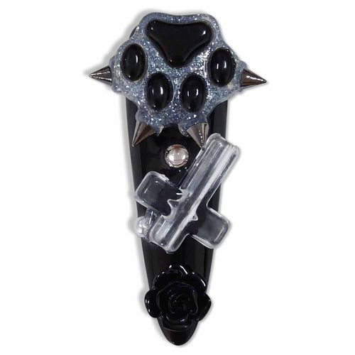 Hantyer 10pcs Black Press on Nails with Dog Paw Print, Cross Charms & Silver Decor, Long Stiletto Glossy Gothic Fake Nails, Reusable Dark Edgy False Nails for Women Goth Party Halloween