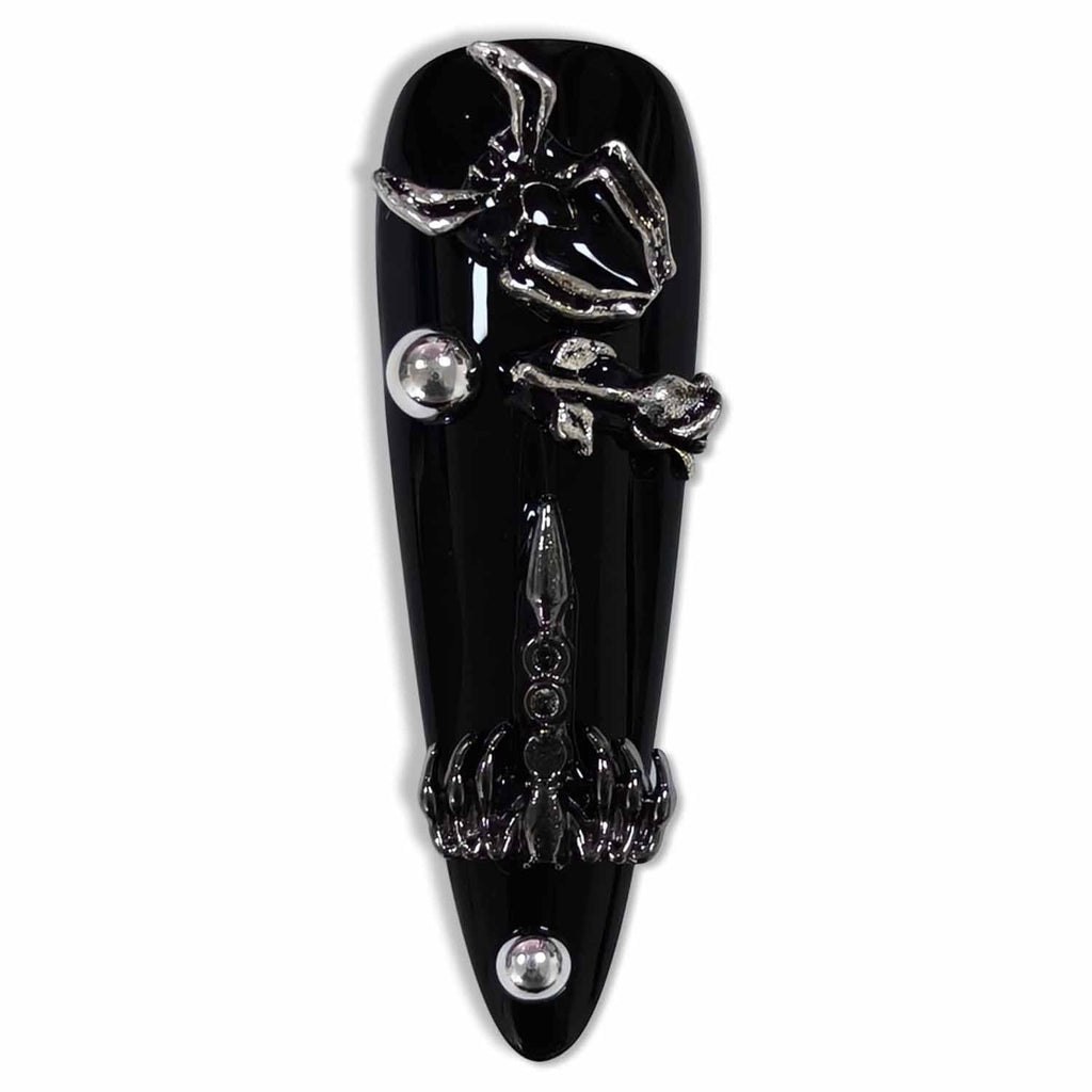 Hantyer Black Press on Nails with Red Spider, Heart Rhinestones & Silver Decor, Long Stiletto Glossy Gothic Fake Nails, Reusable Dark Edgy False Nails for Women Halloween Party Goth Concert