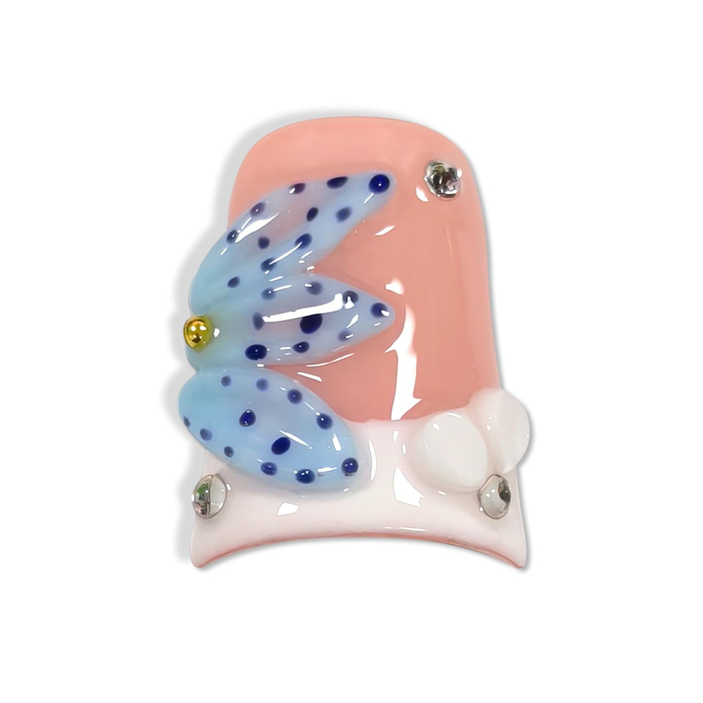 10pcs White French Tip Press on Nails with 3D Carved Flowers & Ladybug Charms, Short Duck Nails Glossy Sweet Fake Nails, Reusable Kawaii Insect False Nails for Party Spring Picnic
