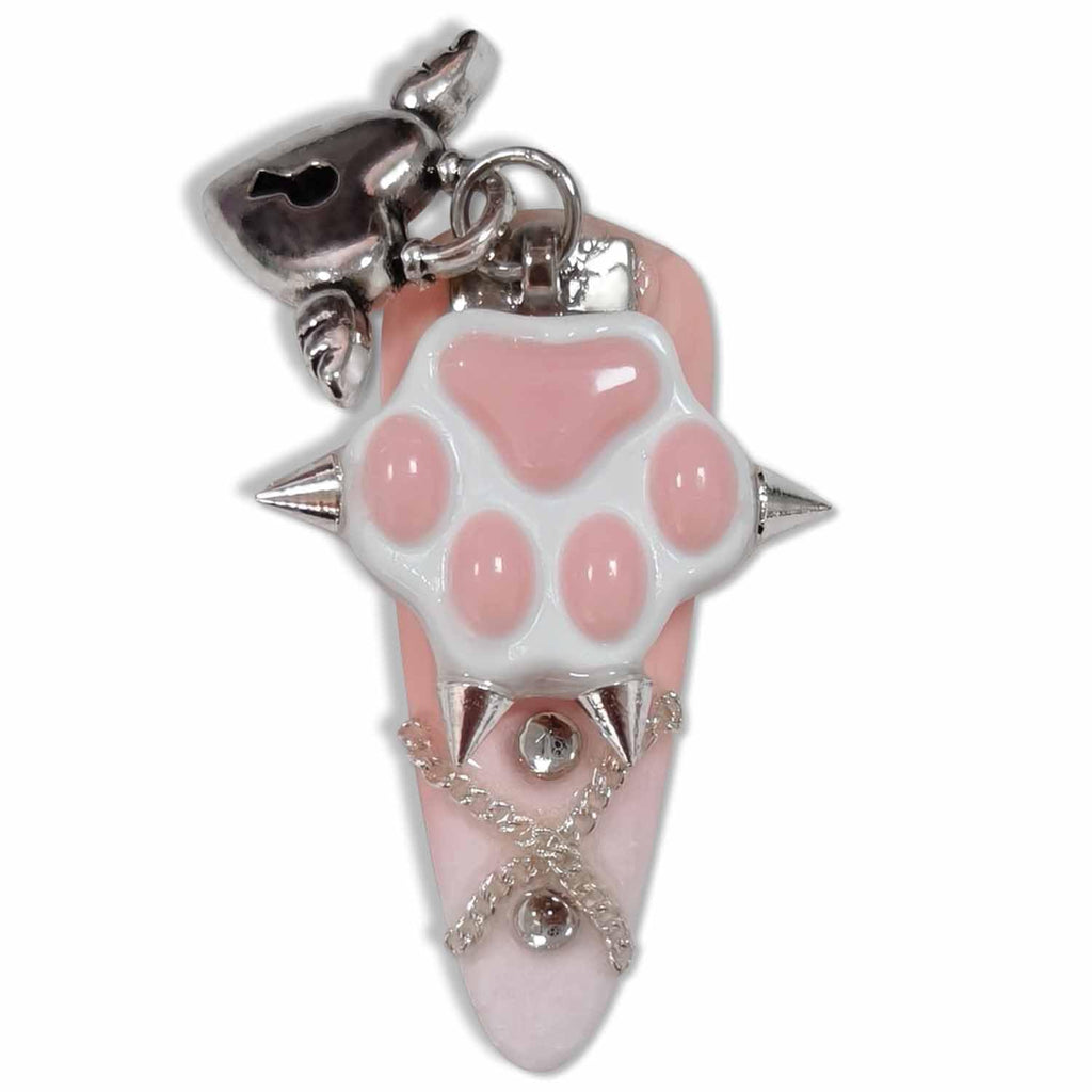 Hantyer Nude Ombre Gothic Press on Nails with Cat Paw Print & Silver Charms, Long Stiletto Glossy Sweet Cute Fake Nails, Reusable Kawaii False Nails for Women Birthday Party Cat Lover Gifts