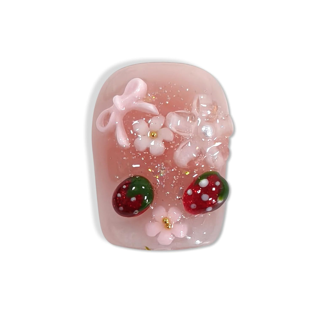 Hantyer 10pcs Pink French Tip Press on Nails with Pink Jelly Strawberry & Pearl Charms, Short Coffin Glossy Iced Sweet Fake Nails, Reusable Kawaii False Nails for Women Birthday Party