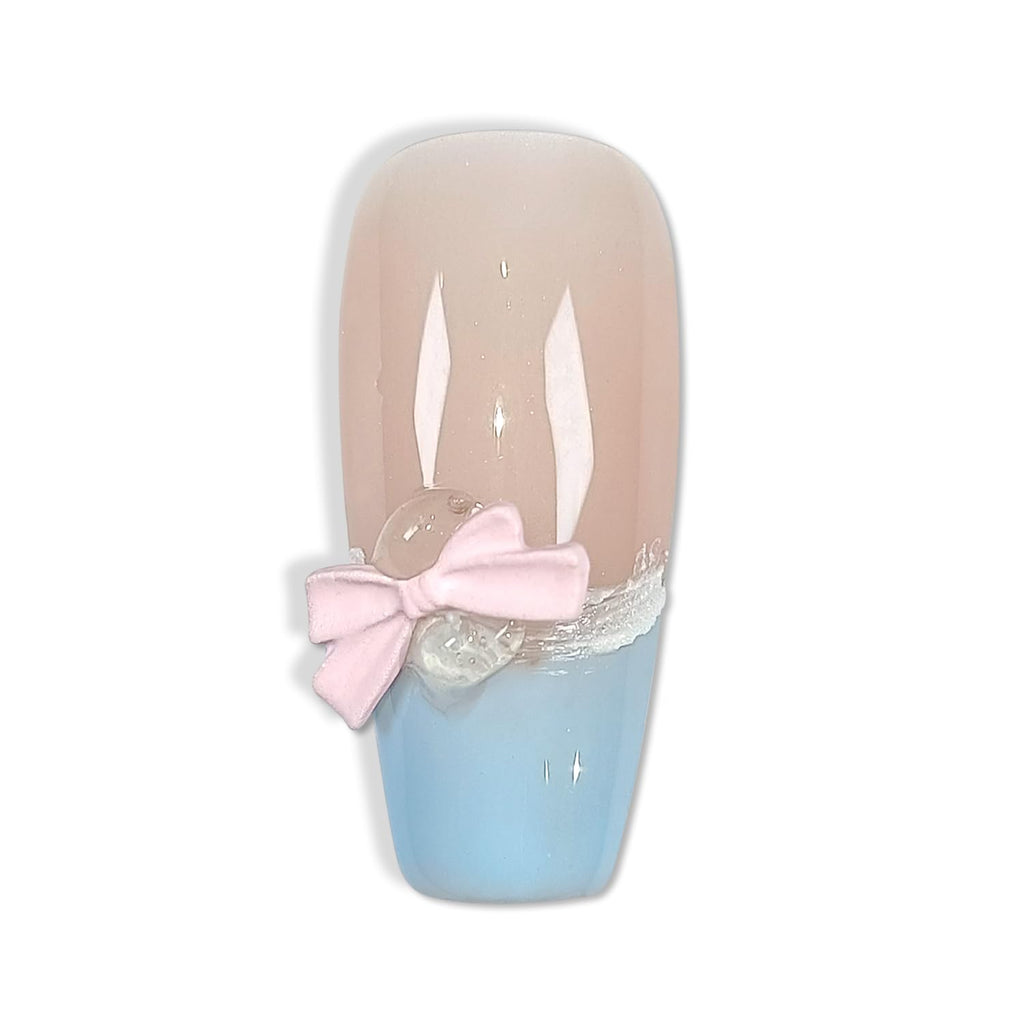 Hantyer Press on Nails, Long Coffin Fake Nails with Checkered Pattern, Star & Bow Accents, Dopamine Color French Tips, Reusable Nails Cute Summer Style for Women