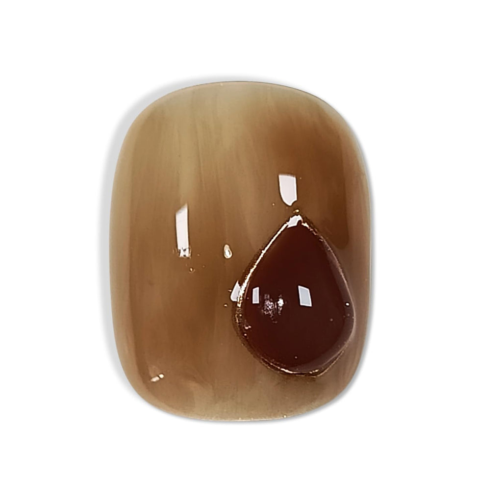 Hantyer Amber Press on Nails with Handmade 3D Water Droplets & Gold Lines - Short Squoval Glossy Soft Glam Fake Nails, Reusable Elegant Vintage False Nails for Women Fall Winter Season Party