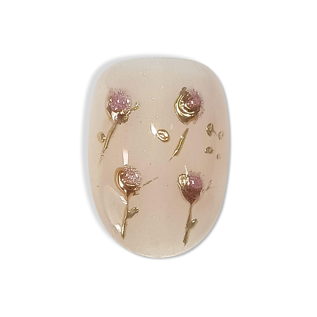 Hantyer Soft Glam Pink Cat Eye Press on Nails with Hand-Painted Tulips, Rhinestones & Gold Lines - Short Oval Glossy Fake Nails, Reusable Elegant False Nails for Women Fall Winter Party Date
