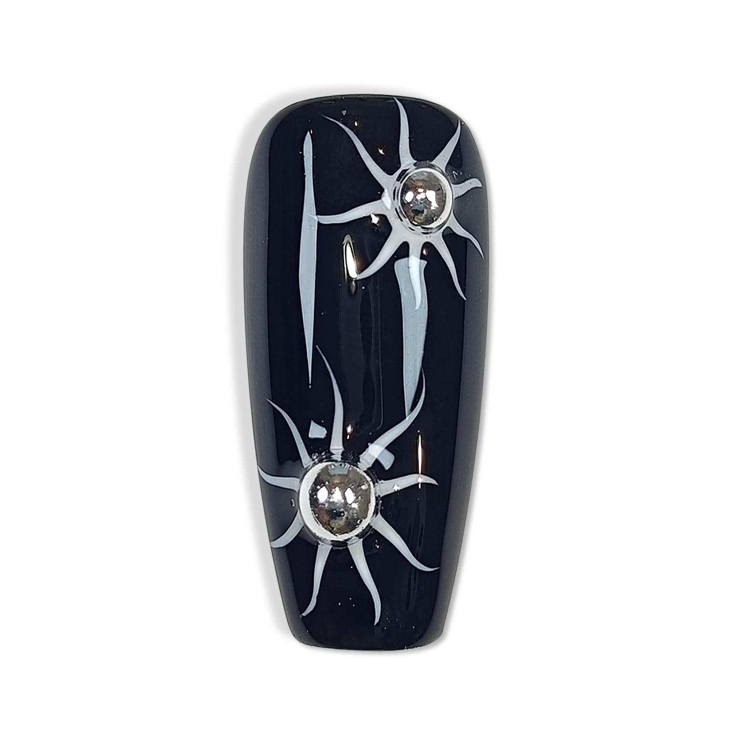 Hantyer Medium Coffin Press On Nails, Handmade Soft Gel Abstract Black White Grey Fake Nails with 3D Silver Swirls, Metallic Charms & Stud Accents, Reusable False Nails Kit, 10PCS