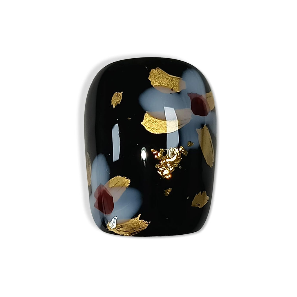 Hantyer Black Press on Nails with Handmade 3D Gold Flowers & Gold Lines - Short Square Glossy Luxury Fake Nails, Reusable Elegant Vintage False Nails for Women Fall Winter Party Evening Gala
