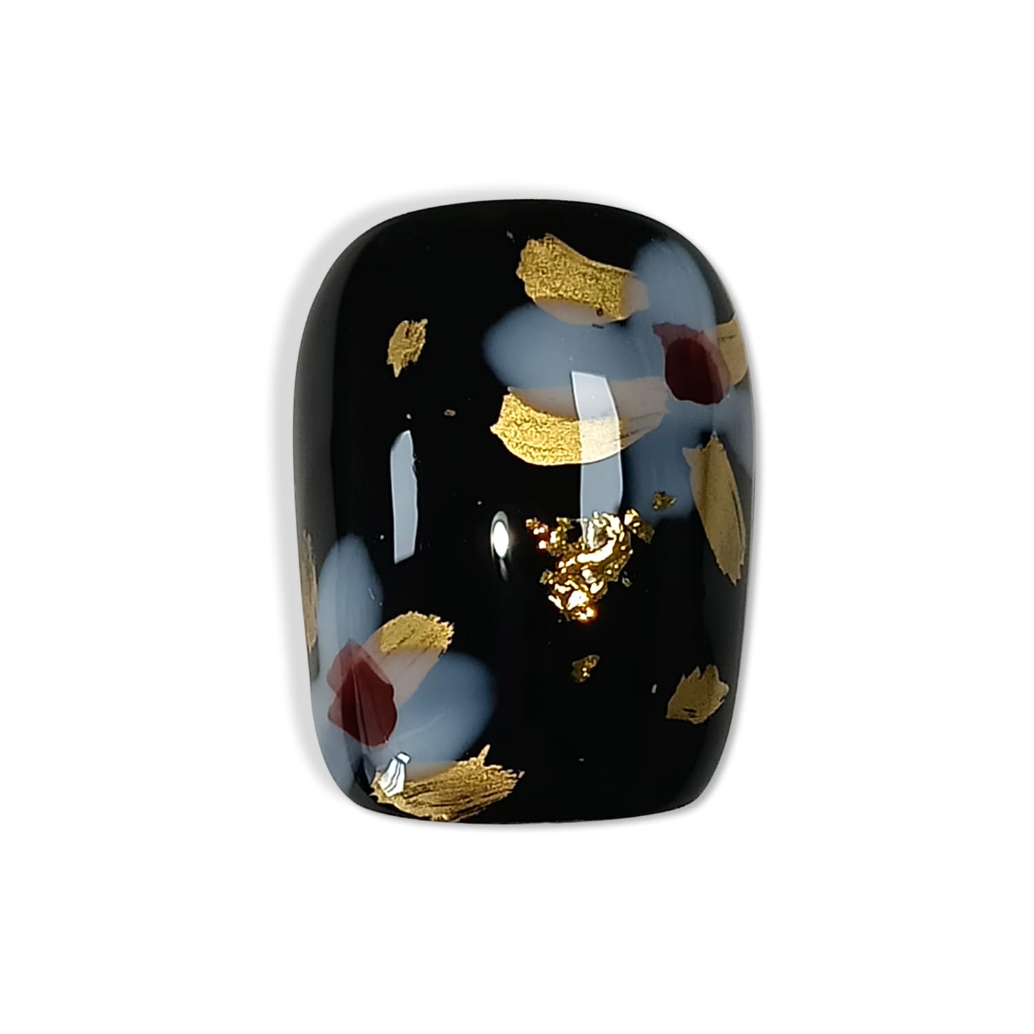 Hantyer Black Press on Nails with Handmade 3D Gold Flowers & Gold Lines - Short Square Glossy Luxury Fake Nails, Reusable Elegant Vintage False Nails for Women Fall Winter Party Evening Gala