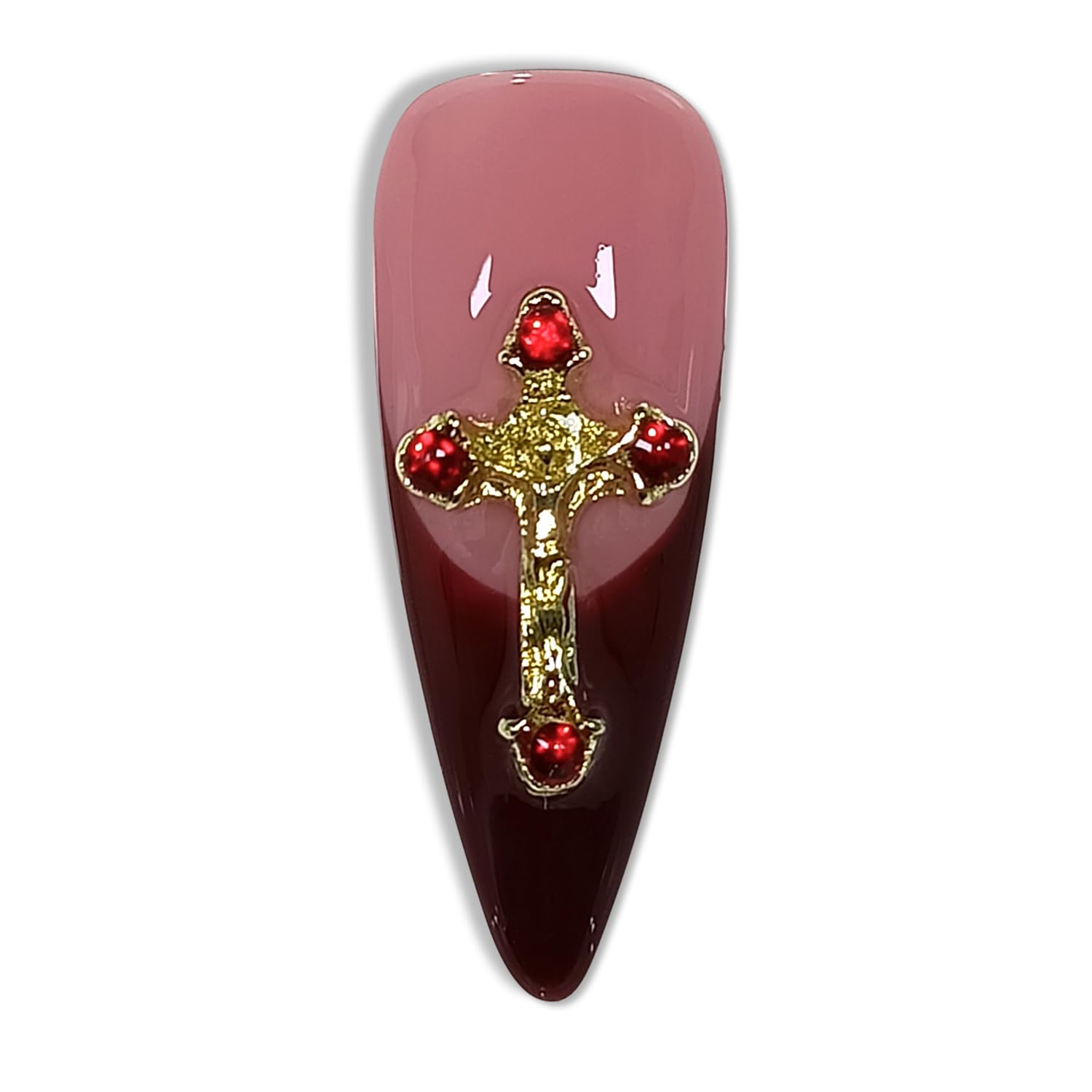 Hantyer Pink & Red French Press on Nails with Gold Lines, Long Stiletto Glossy Vintage Fake Nails with Madonna Statue, Cross & Rhinestones, Reusable Religious Aesthetic False Nails
