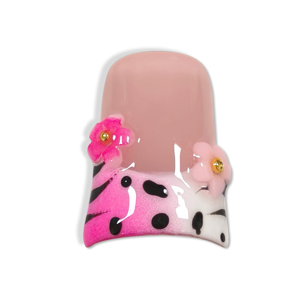 Hantyer 10pcs Pink Leopard French Tip Press on Nails with 3D Carved Flowers & White Bow Charms, Short Duckbill Glossy Iced Sweet Fake Nails, Reusable Kawaii False Nails for Birthday Party
