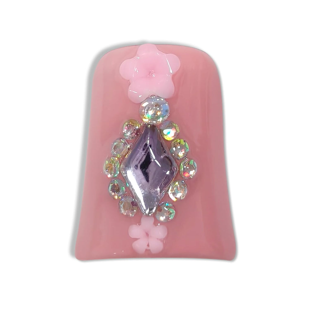Hantyer Nude Press on Nails with 3D Floral Carving, Butterfly & Rhinestone Charms, Duckbill Shape Glossy Iced Sweet Fake Nails, Reusable Elegant False Nails for Garden Party Bridal Shower
