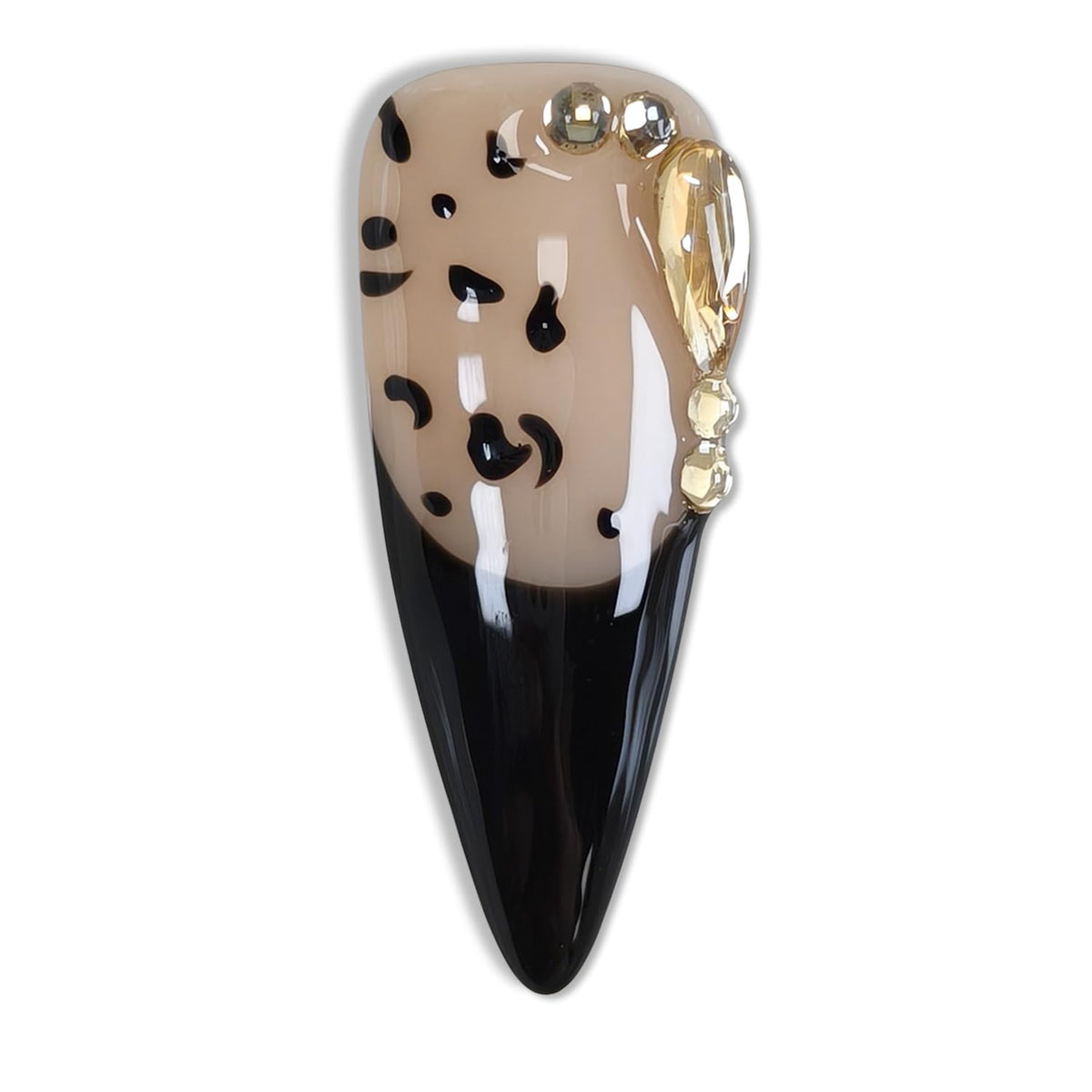 Hantyer Leopard Print French Tip with Black Edge Press on Nails, 3D Floral Carving & Rhinestone Accents, Long Stiletto Glossy Iced Fall Winter Fake Nails, Reusable Edgy False Nails for Party