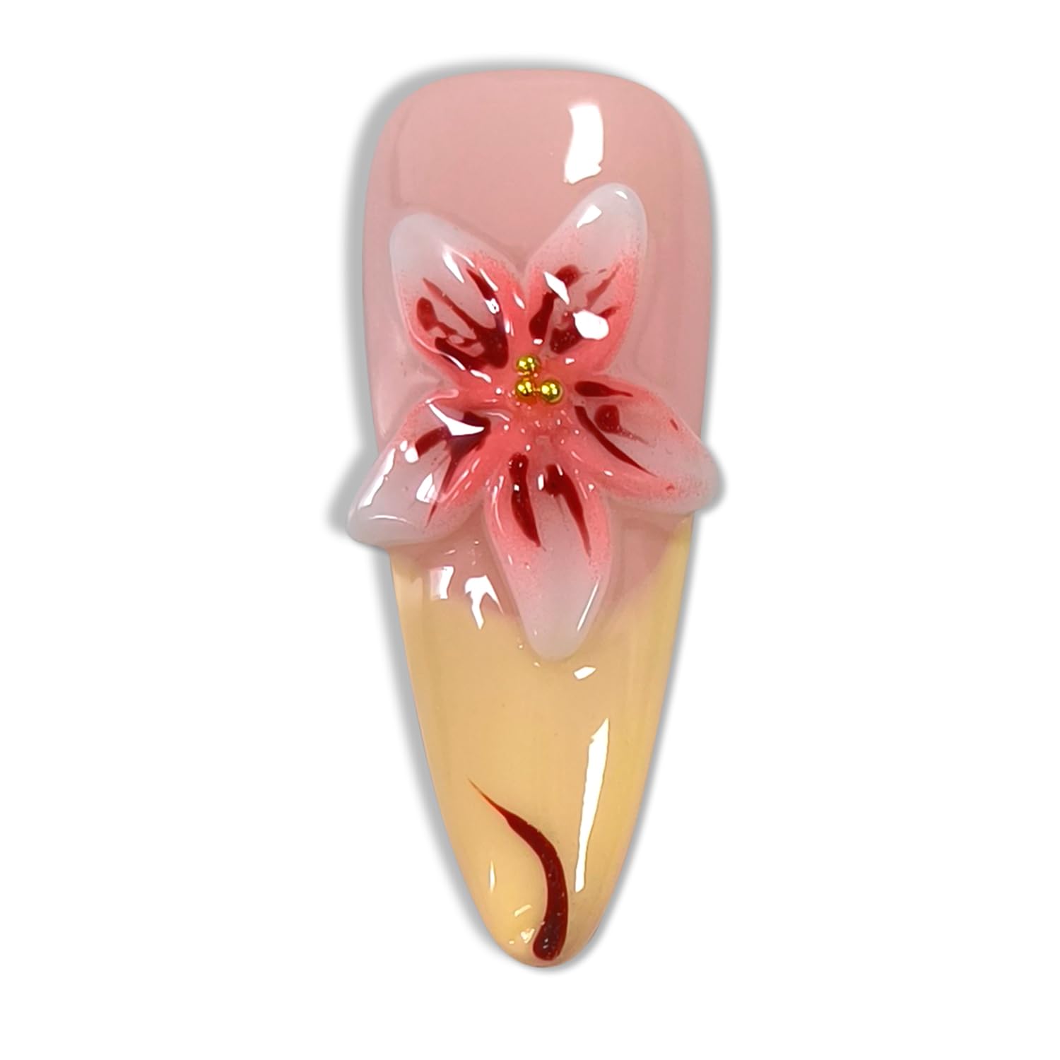 Hantyer 10pcs Red to Pink Ombre Press on Nails with 3D Carved Flowers & Gold Madonna Statue Charms, Long Stiletto Glossy Iced Edgy Fake Nails, Reusable Gothic Glam False Nails for Women