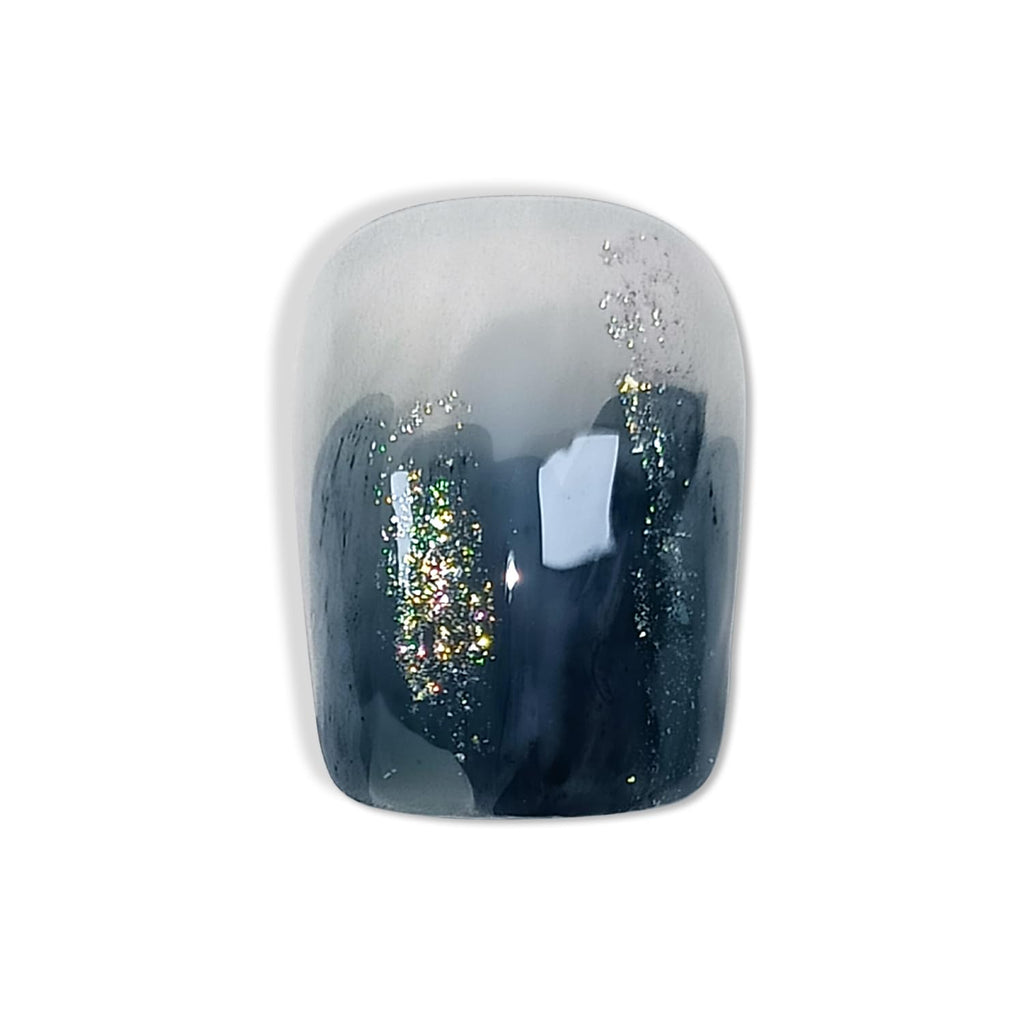 Hantyer Blue Ocean Wave Marbled Press on Nails with 3D Handmade Water Droplets & Gold Glitter, Short Square Glossy Soft Glam Fake Nails, Elegant False Nails for Women Fall Winter Party