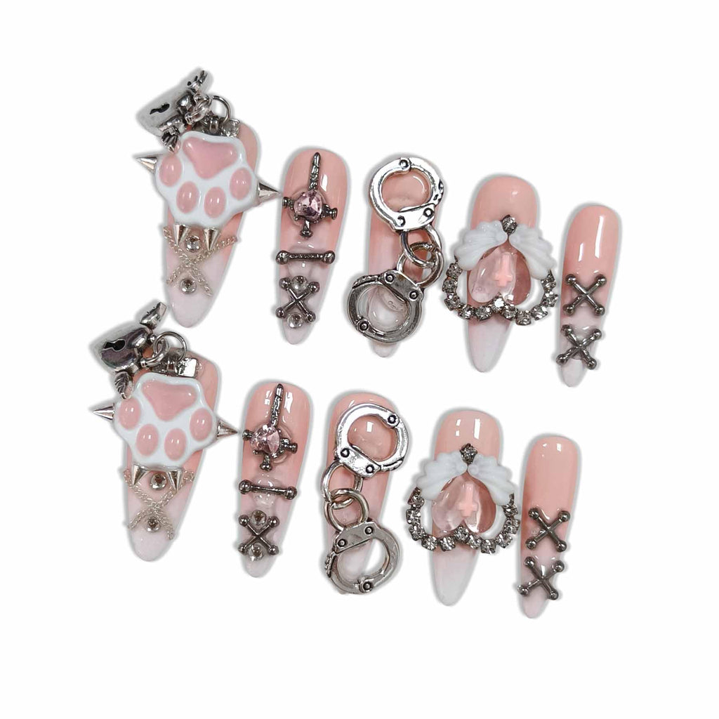 Hantyer Nude Ombre Gothic Press on Nails with Cat Paw Print & Silver Charms, Long Stiletto Glossy Sweet Cute Fake Nails, Reusable Kawaii False Nails for Women Birthday Party Cat Lover Gifts