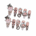 Hantyer Nude Ombre Gothic Press on Nails with Cat Paw Print & Silver Charms, Long Stiletto Glossy Sweet Cute Fake Nails, Reusable Kawaii False Nails for Women Birthday Party Cat Lover Gifts