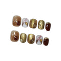 Hantyer Amber Press on Nails with Handmade 3D Water Droplets & Gold Lines - Short Squoval Glossy Soft Glam Fake Nails, Reusable Elegant Vintage False Nails for Women Fall Winter Season Party
