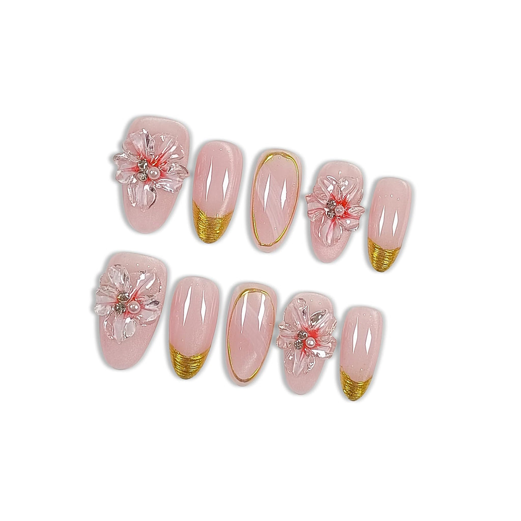 Hantyer Press on Nails, Medium Oval Fake Nails, Pink Cat Eye Base & Gold French Tips, 3D Cherry Blossoms & Icy Pink Jelly Finish, Reusable Gel Nails Sweet & Elegant Style for Women