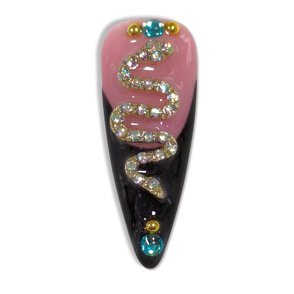 Hantyer Black French Tip Press on Nails with 3D Metal Snake, Cross Charms & Rhinestones, Long Stiletto Glossy Iced Edgy Chic Fake Nails, Reusable Gothic Glam False Nails for Women Party
