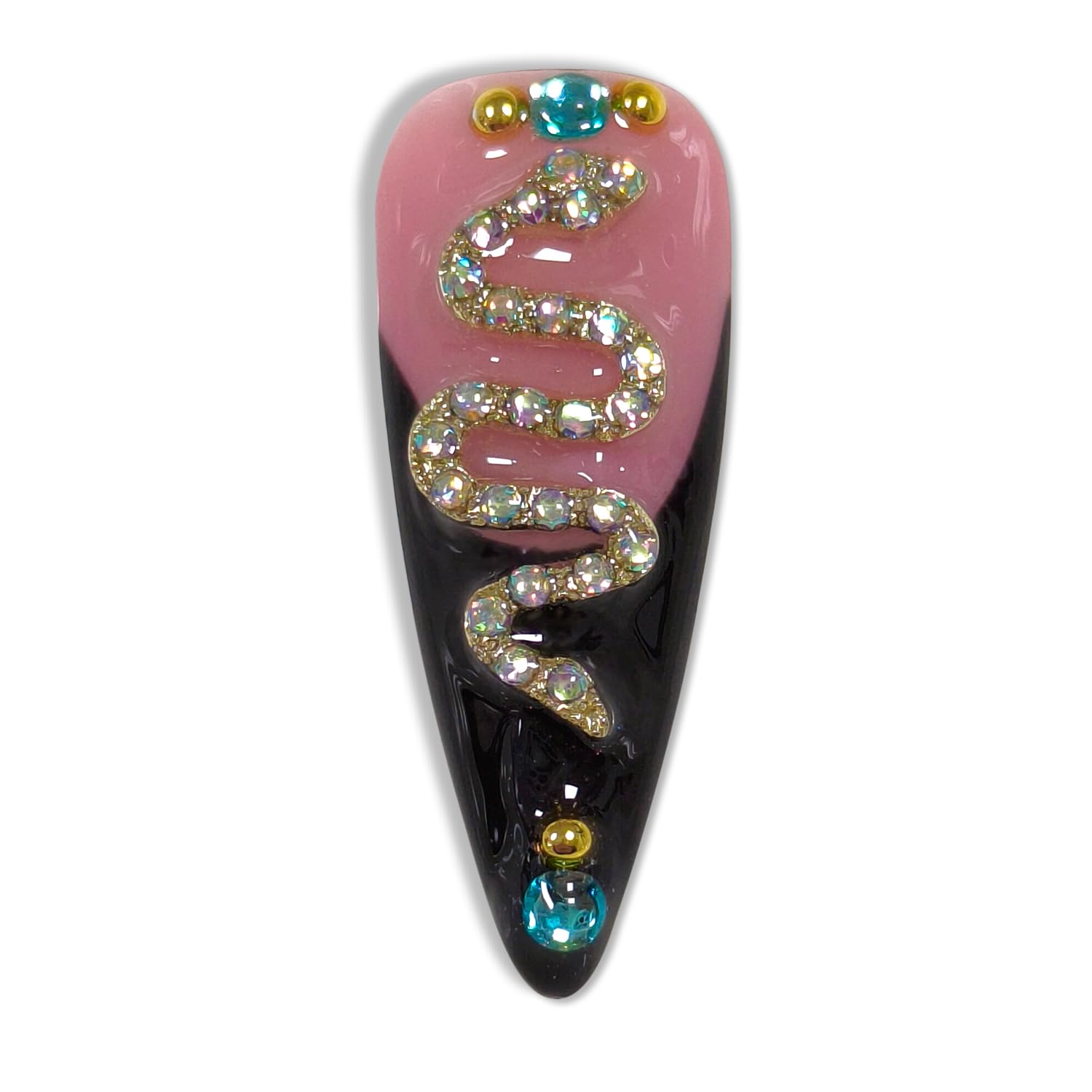 Hantyer Black French Tip Press on Nails with 3D Metal Snake, Cross Charms & Rhinestones, Long Stiletto Glossy Iced Edgy Chic Fake Nails, Reusable Gothic Glam False Nails for Women Party