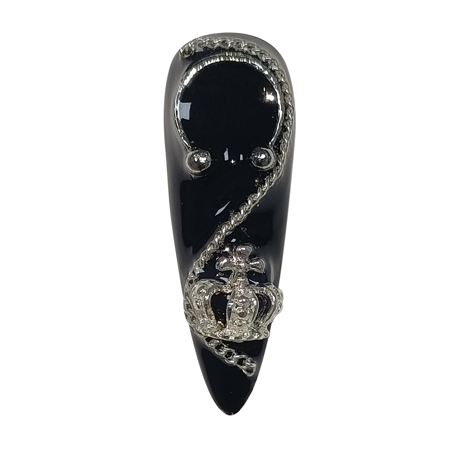Hantyer Gothic Y2K Press on Nails, Long Stiletto Glossy Black & White Nails, Silver Gothic Charms, Black Rhinestones & 3D Hand-Painted Art, Salon Nails Edgy Style for Nightlife & Concerts