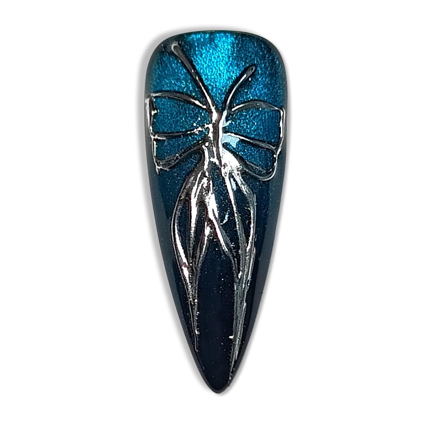 Hantyer Navy Blue Cat Eye Press on Nails with Hand-Painted Silver Butterfly, Long Stiletto Glossy Edgy Fake Nails, Reusable Sweet & Cool False Nails for Women Night Party Special Event