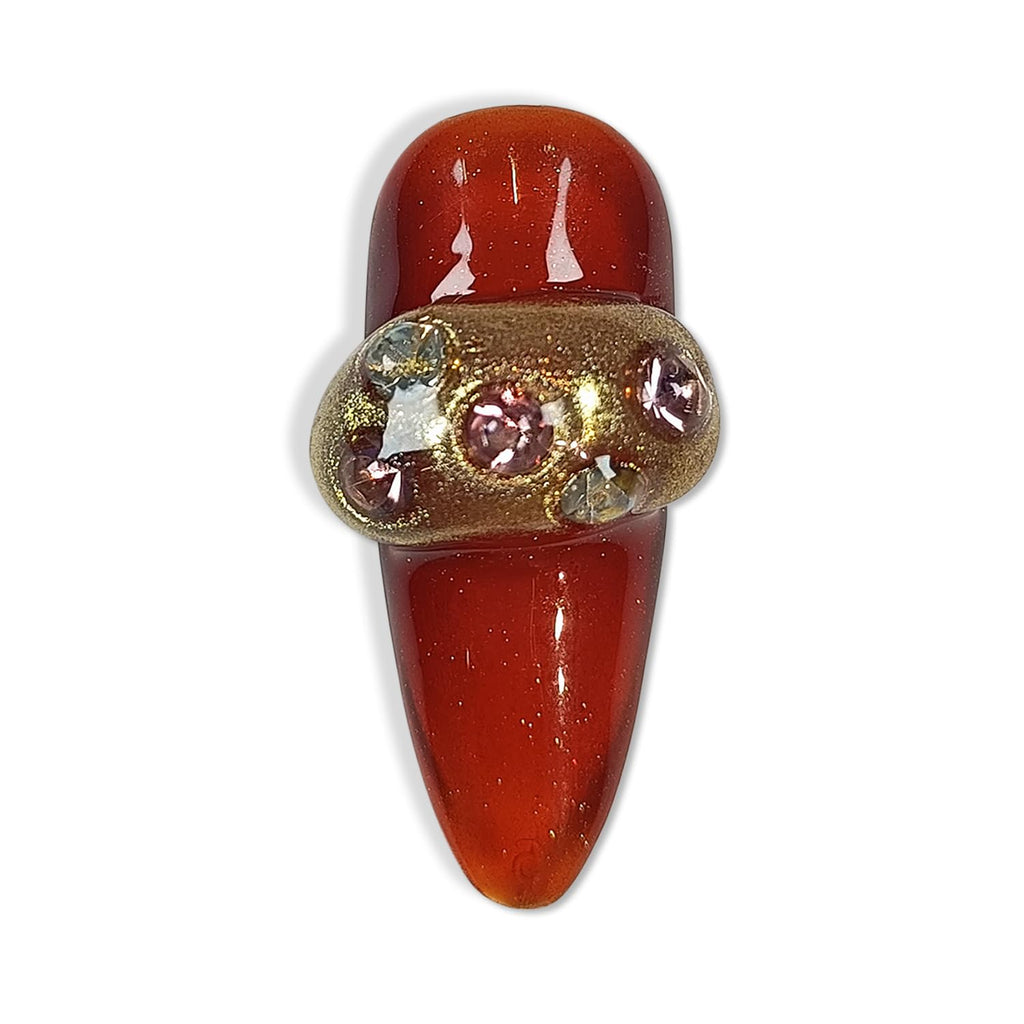 Hantyer Almond Press On Nails, Handmade Soft Gel Luxury Jewel Tone Fake Nails with Vintage Gold Accents & Pearl Embellishments, Elegant Reusable False Nails 10PCS Kit