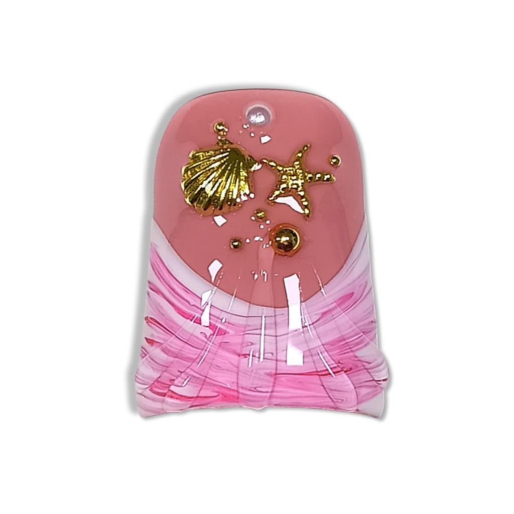 Hantyer 10pcs Short Duck Nails, Pink Leopard French Tip Press on Nails with 3D Floral & Gold Seashells, Glossy Glam Fake Nails, Reusable False Nails for Women Beach Party Vacation