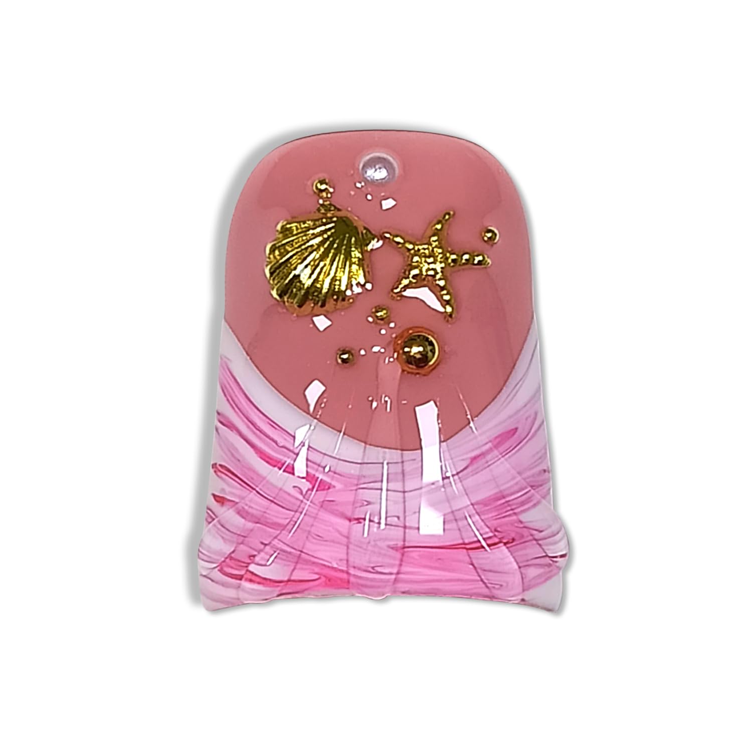 Hantyer 10pcs Short Duck Nails, Pink Leopard French Tip Press on Nails with 3D Floral & Gold Seashells, Glossy Glam Fake Nails, Reusable False Nails for Women Beach Party Vacation
