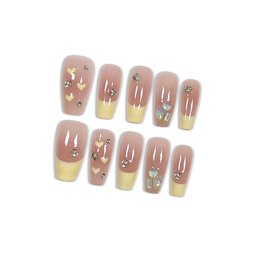Hantyer Ballet Press On Nails Medium Coffin 10PCS with Tools Kit,Handmade French Blush Pink Nails with Milky Tip, Heart Design & Glitter Gradient Fake Nails,Cute Korean Style False Nails