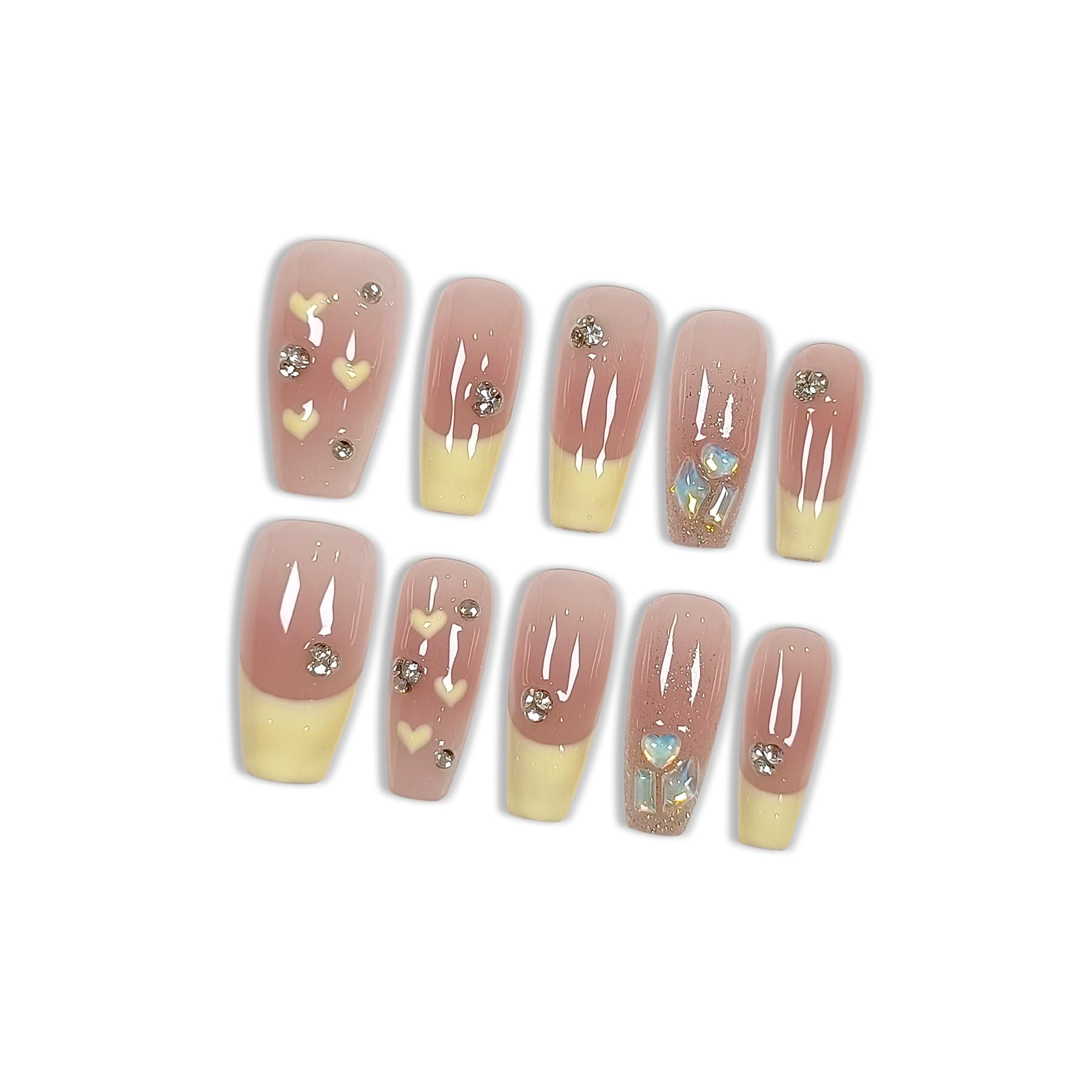 Hantyer Ballet Press On Nails Medium Coffin 10PCS with Tools Kit,Handmade French Blush Pink Nails with Milky Tip, Heart Design & Glitter Gradient Fake Nails,Cute Korean Style False Nails