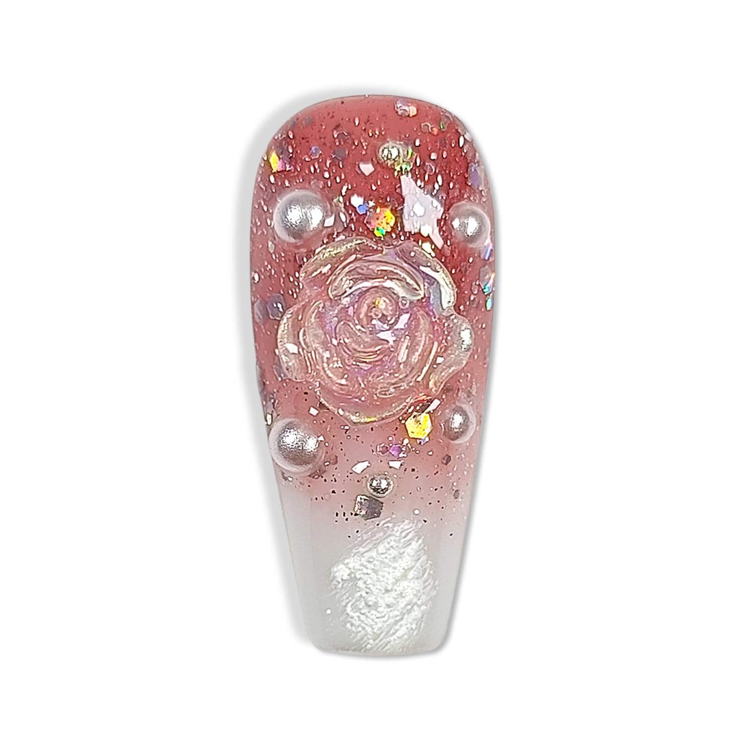 Hantyer Medium Ballet Press On Nails,Handmade Soft Gel Winter Fall Fake Nails in Camellia Gradient Pink Gypsum Pearl Design, Full Cover Thick Acrylic False Nails for Women 10PCS Tools Kit