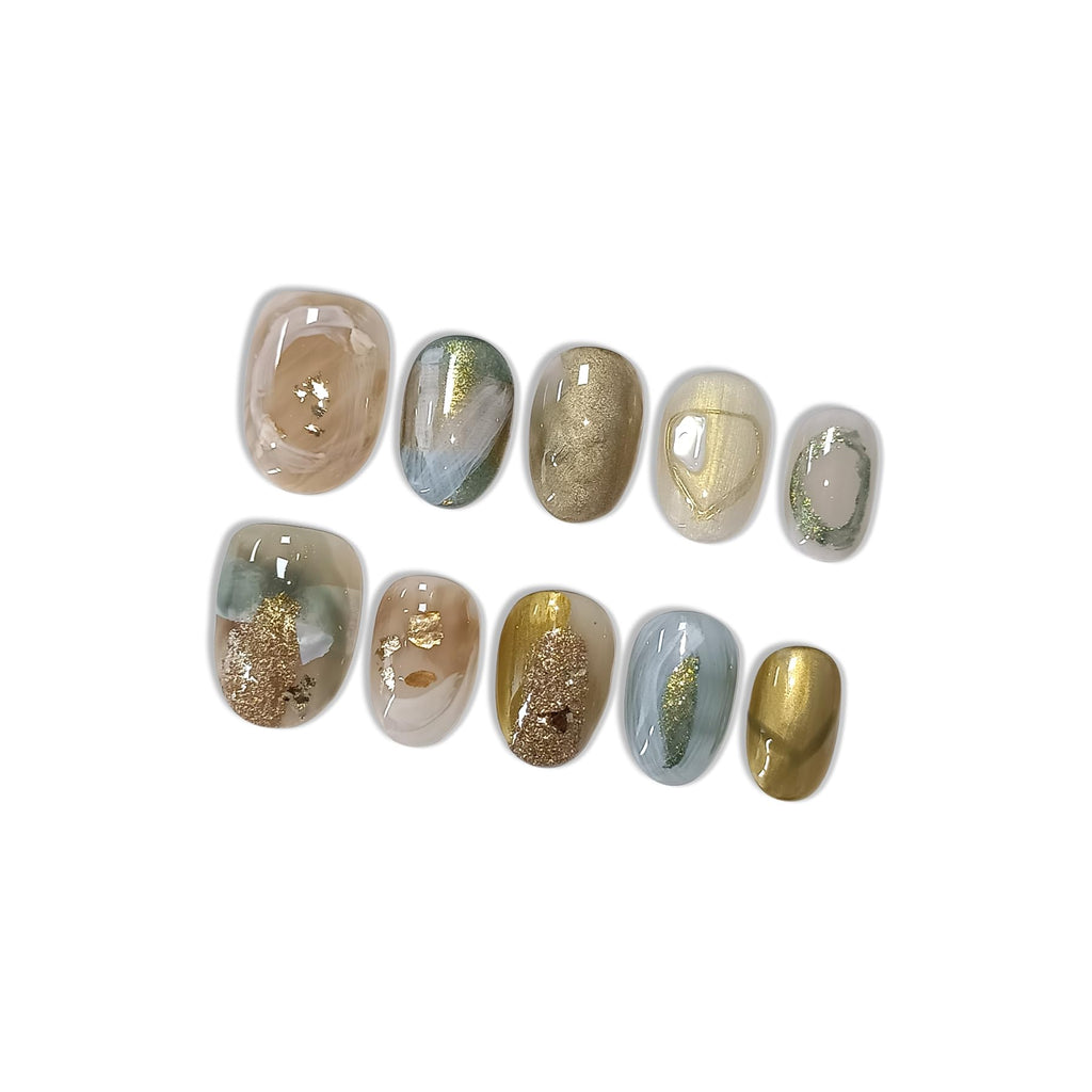 Hantyer Golden Ombre Press on Nails with 3D Glitter Flakes & Gold Foil, Short Oval Glossy Soft Glam Fake Nails, Reusable Elegant False Nails for Women Fall Winter Season Party