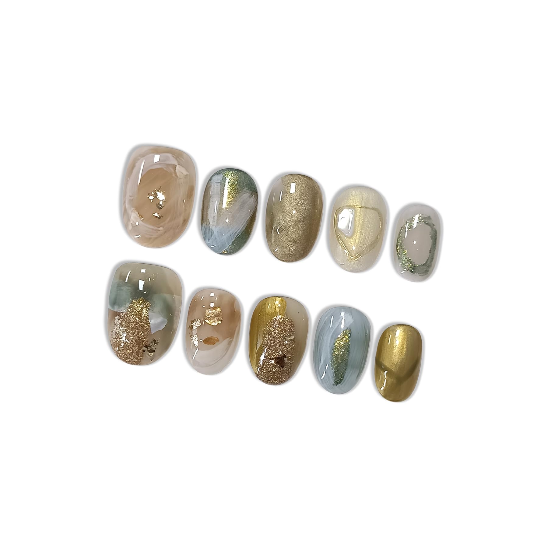 Hantyer Golden Ombre Press on Nails with 3D Glitter Flakes & Gold Foil, Short Oval Glossy Soft Glam Fake Nails, Reusable Elegant False Nails for Women Fall Winter Season Party