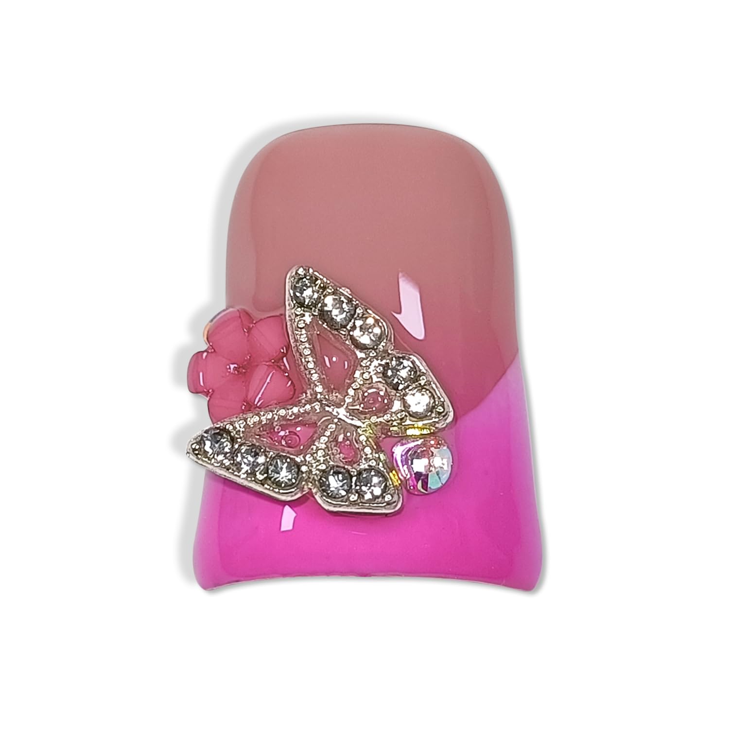Hantyer 10pcs Pink French Tips Press On Nails Sweet Style, Short Duckbill Nails with Rhinestones, Metal Decor & 3D Floral Embossing, Glossy Icy Finish, Reusable Fake Nails Easy to Apply