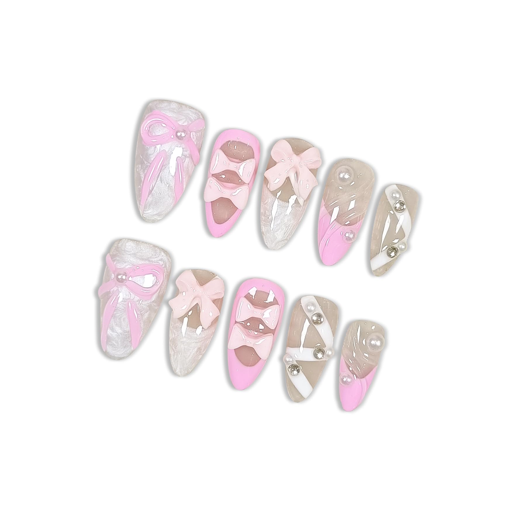 Hantyer 10PCS French Ballet-Inspired Press on Nails with Tools Kit, Medium Almond Glossy Nails in Pink & White, Gel Nails with 3D Bows, Pearls & Rhinestones, Sweet-Edgy Style for Women