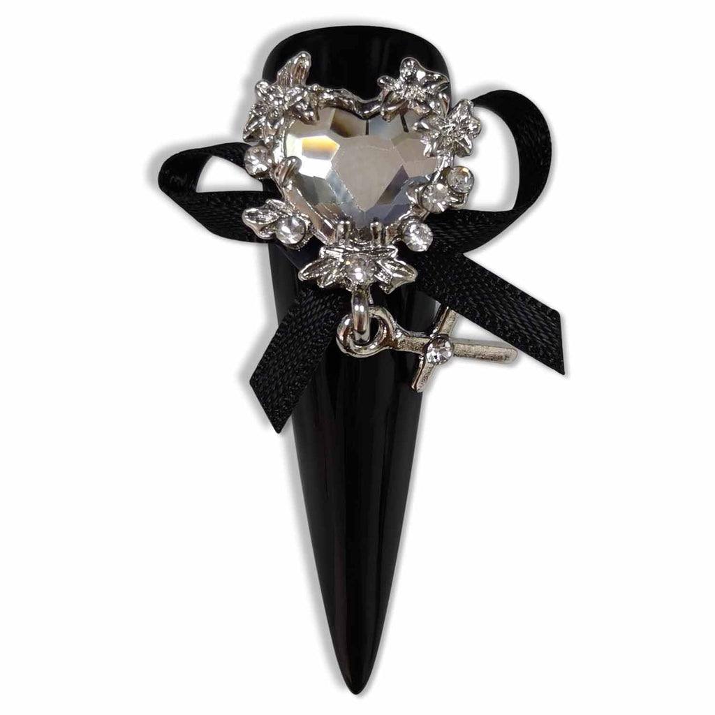 Hantyer Black Press on Nails with Heart Rhinestones, Bow Charms & Silver Decor, Long Stiletto Glossy Gothic Fake Nails, Reusable Dark Cute False Nails for Women Goth Party Valentine’s Day
