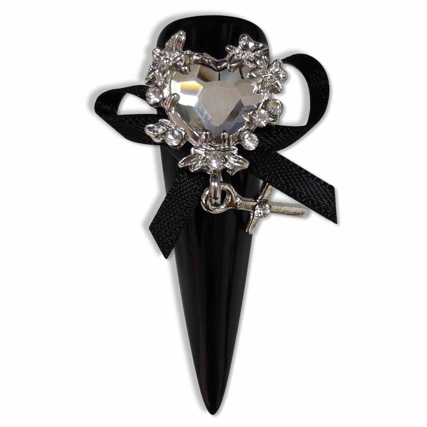 Hantyer Black Press on Nails with Heart Rhinestones, Bow Charms & Silver Decor, Long Stiletto Glossy Gothic Fake Nails, Reusable Dark Cute False Nails for Women Goth Party Valentine’s Day