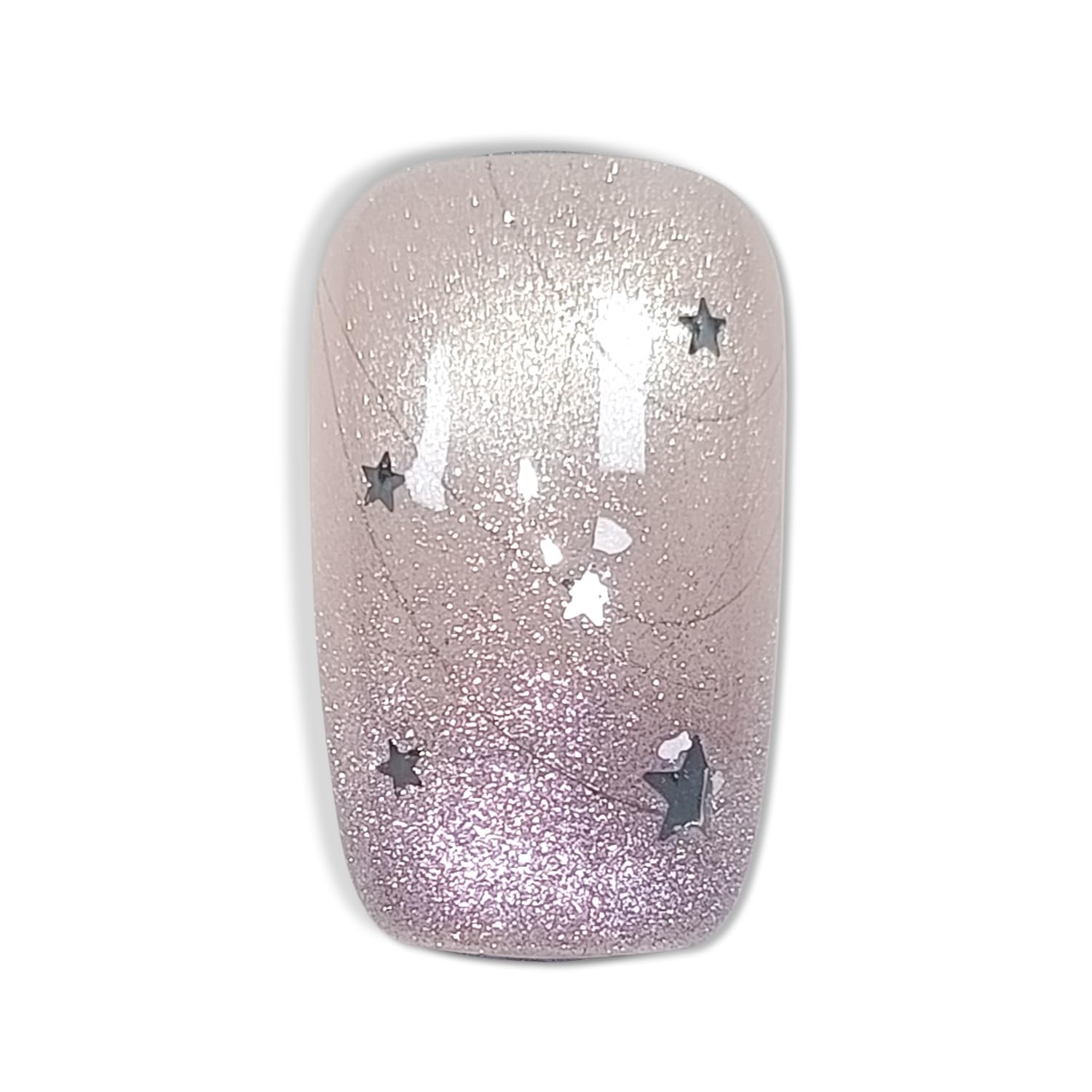 Hantyer 10pcs Press on Nails, Medium Coffin Glossy Fake Nails, Lavender Cat Eye French Tips with Silver Stars, Reusable False Nails for Women, Sweet Galaxy Nails for Party