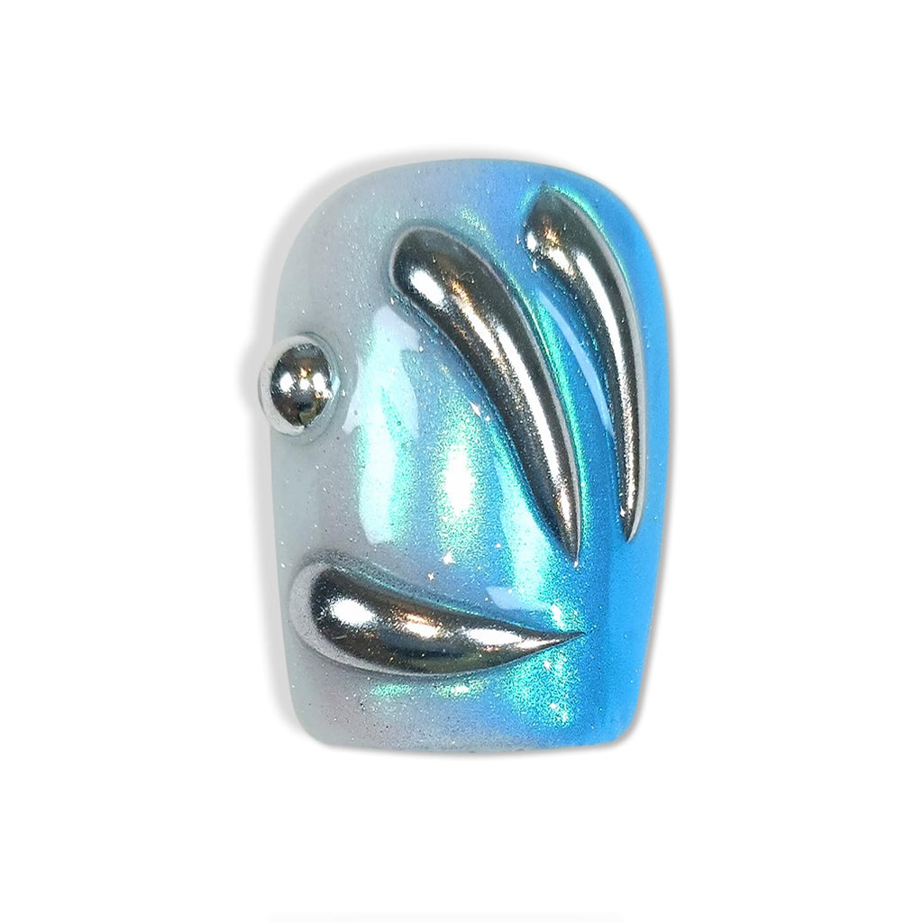 Hantyer Square Press On Nails, Handmade Soft Gel Chrome Blue & Silver Metallic Fake Nails with 3D Sculpted Wave Design, Futuristic Iridescent Alien Reusable False Nails 10PCS Kit
