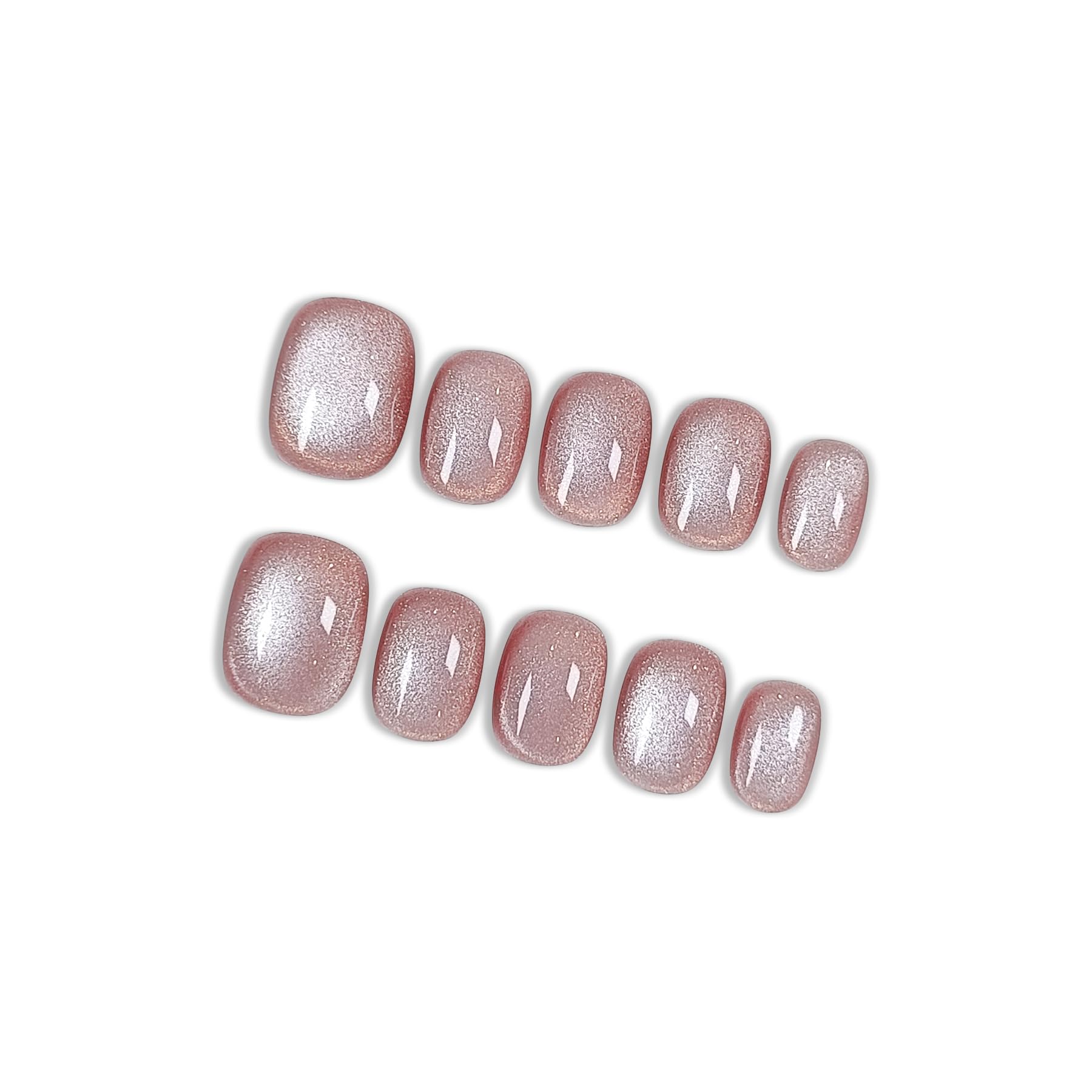 Hantyer Squoval Press On Nails, Handmade Soft Gel Nude Pink Glossy Fake Nails with Iridescent Glitter Sheen, Shimmer Jelly Design Full Cover Reusable False Nails 10PCS Kit