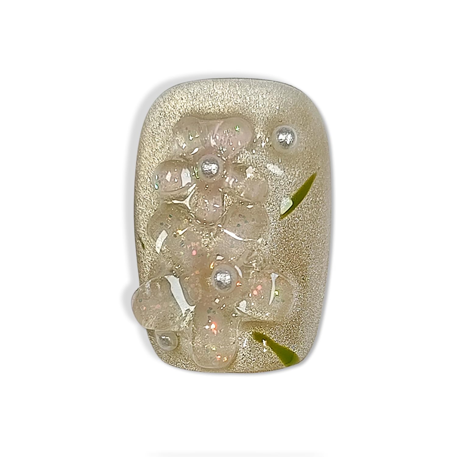 Hantyer Press on Nails | Short Coffin Fake Nails with Cat Eye Design, 3D Floral & Pearl Accents, False Nails with Icy Tea Glossy Finish, Reusable Handmade Nails in Sweet Style for Women