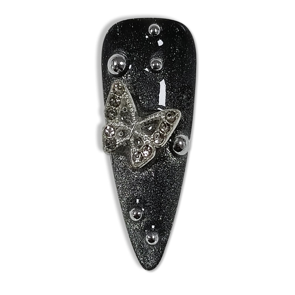 Hantyer Black Grey Press on Nails with 3D Carving Flowers, Silver Butterflies & Cross Charms, Long Stiletto Glossy Edgy Fake Nails, Reusable Dark Feminine False Nails for Women Goth Party