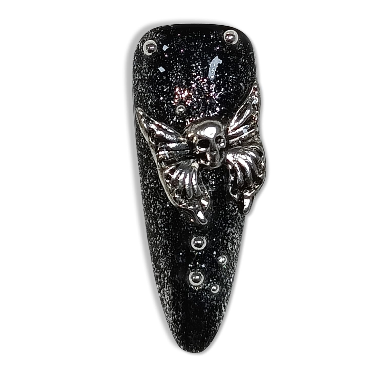 Hantyer Black Press on Nails with 3D Floral Carving, Skull & Cross Charms, Long Stiletto Glossy Punk Fake Nails, Reusable Edgy Gothic False Nails for Women Concert Night Party