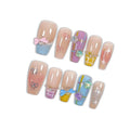Hantyer Press on Nails, Long Coffin Fake Nails with Checkered Pattern, Star & Bow Accents, Dopamine Color French Tips, Reusable Nails Cute Summer Style for Women