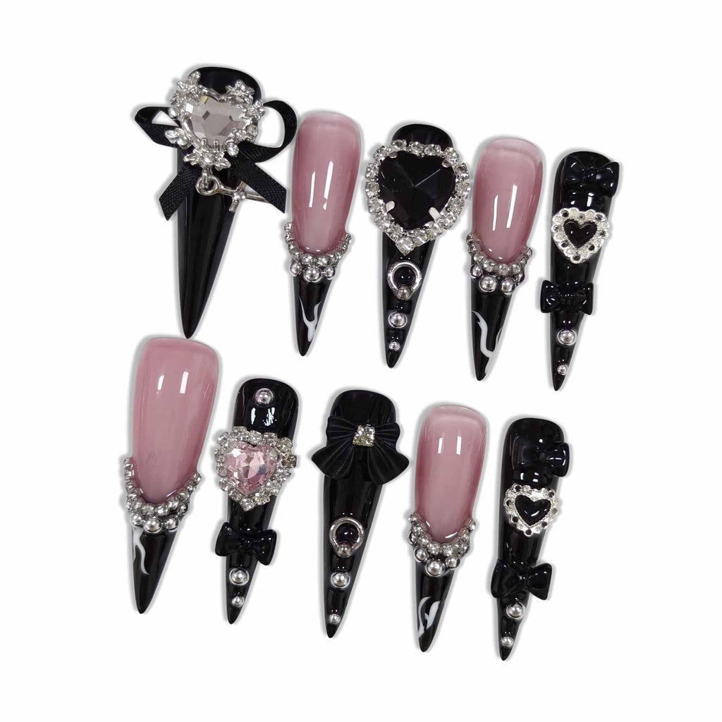 Hantyer Black Press on Nails with Heart Rhinestones, Bow Charms & Silver Decor, Long Stiletto Glossy Gothic Fake Nails, Reusable Dark Cute False Nails for Women Goth Party Valentine’s Day