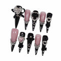 Hantyer Black Press on Nails with Heart Rhinestones, Bow Charms & Silver Decor, Long Stiletto Glossy Gothic Fake Nails, Reusable Dark Cute False Nails for Women Goth Party Valentine’s Day