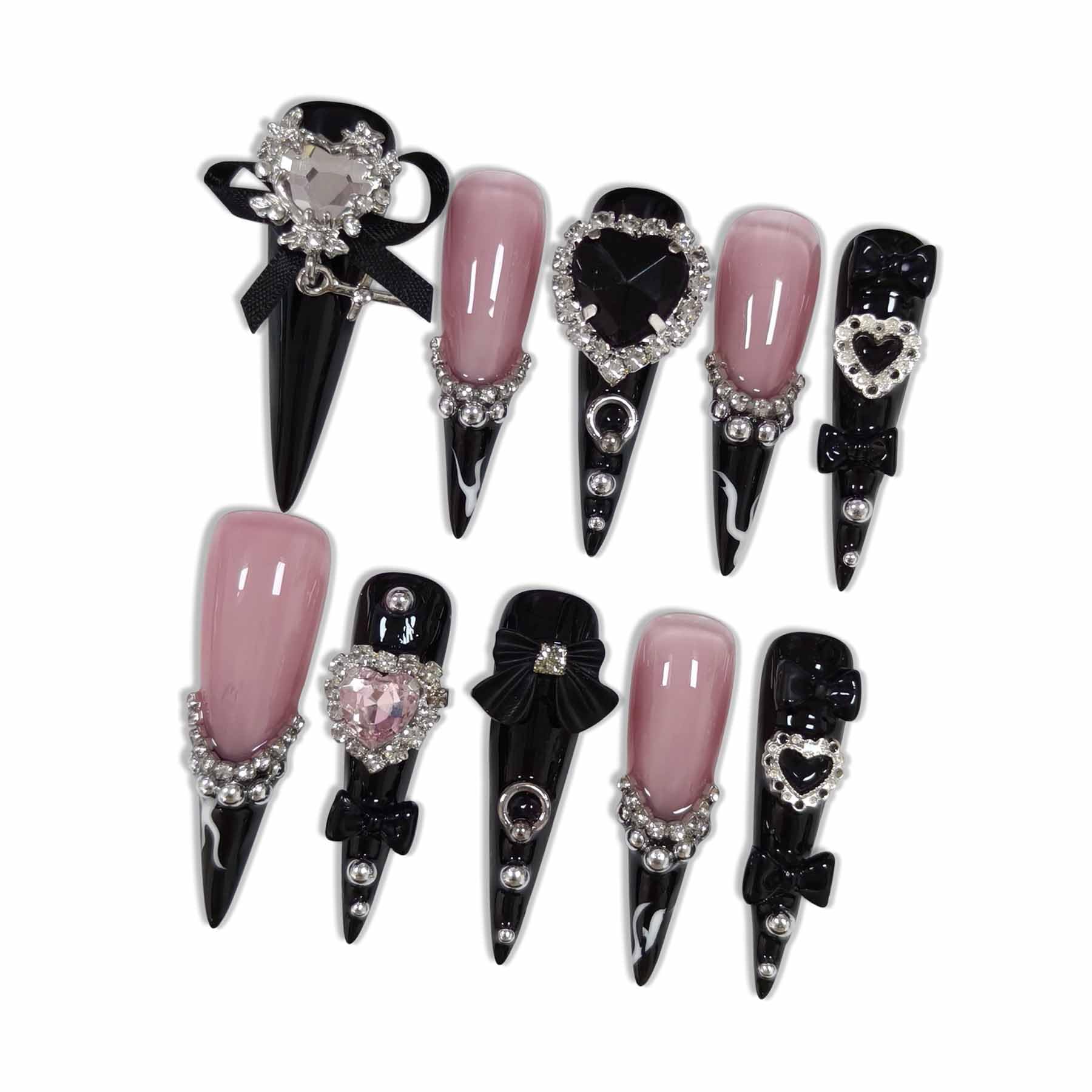 Hantyer Black Press on Nails with Heart Rhinestones, Bow Charms & Silver Decor, Long Stiletto Glossy Gothic Fake Nails, Reusable Dark Cute False Nails for Women Goth Party Valentine’s Day