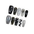 Hantyer Medium Coffin Press On Nails, Handmade Soft Gel Abstract Black White Grey Fake Nails with 3D Silver Swirls, Metallic Charms & Stud Accents, Reusable False Nails Kit, 10PCS